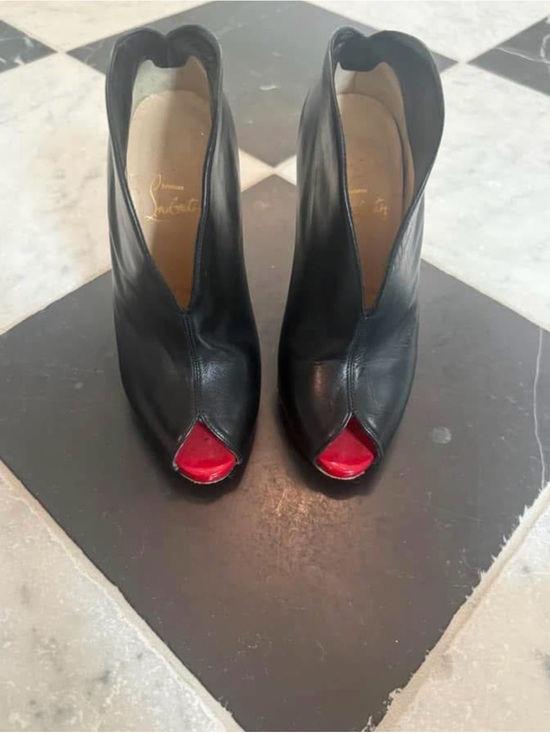 Christian Louboutin Shoes - Christian Louboutin Black Leather Peep-Toe Ankle Booties with Red Toe